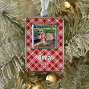 Red Plaid Pet Photo Framed Ornament with Name Year