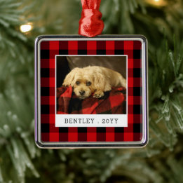 Red Plaid Pet Photo Holiday Metal Tree Decoration