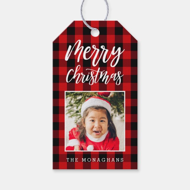 Red Plaid Photo Christmas Gift Tags (Front)