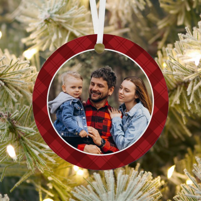 Red Plaid Photo Christmas  Metal Tree Decoration (Insitu)