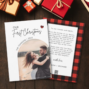 Red Plaid Photo Christmas Script Wedding Thank you Holiday Card
