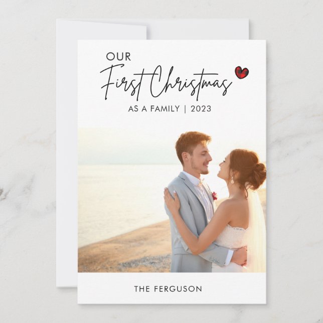 Red Plaid Photo Christmas Script Wedding Thank you Holiday Card (Front)