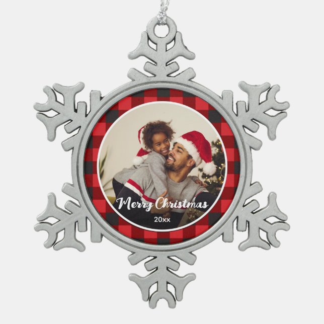 Red Plaid Photo Christmas Snowflake Pewter Christmas Ornament (Front)