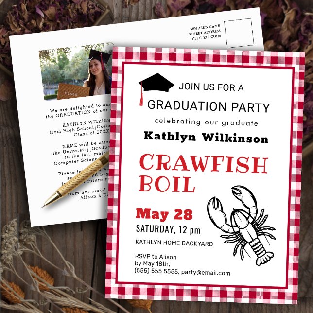 Red Plaid Photo Crawfish Boil GRAD Invitation  Postcard (Creator Uploaded)