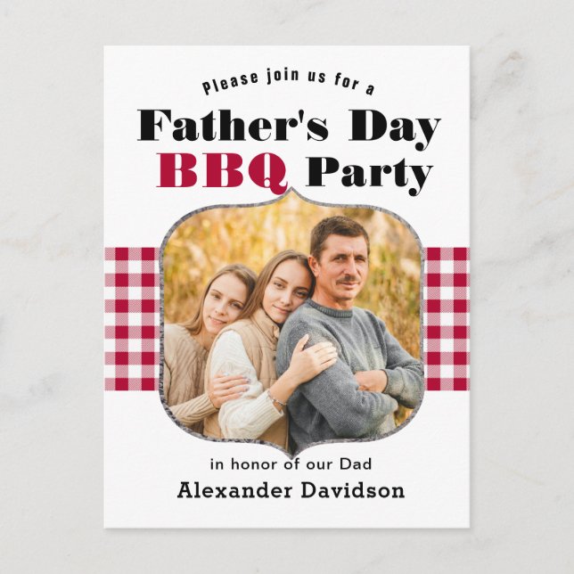 Red Plaid Photo Father's Day BBQ Invitation Postcard (Front)