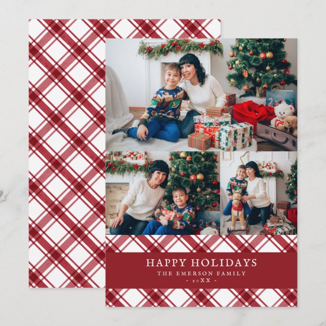 Red Plaid Photo Happy Holidays Card (Front/Back)