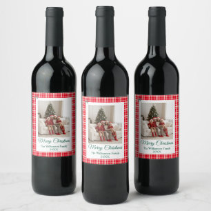 Red Plaid Photo Merry Christmas Holiday Wine Label