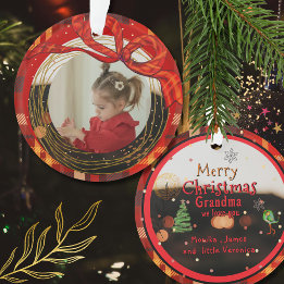 Red Plaid Photo Ornament with Hand-Drawn Ribbon