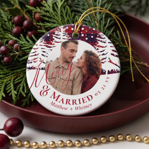 Red Plaid Pine Tree First Christmas Married Photo Ceramic Tree Decoration