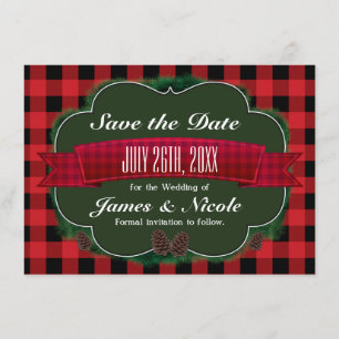 Red Plaid & Pinecones Rustic Country Invitation