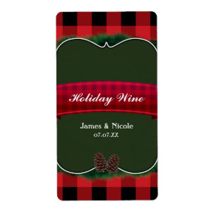 Red Plaid Pinecones Rustic Country Wine Label