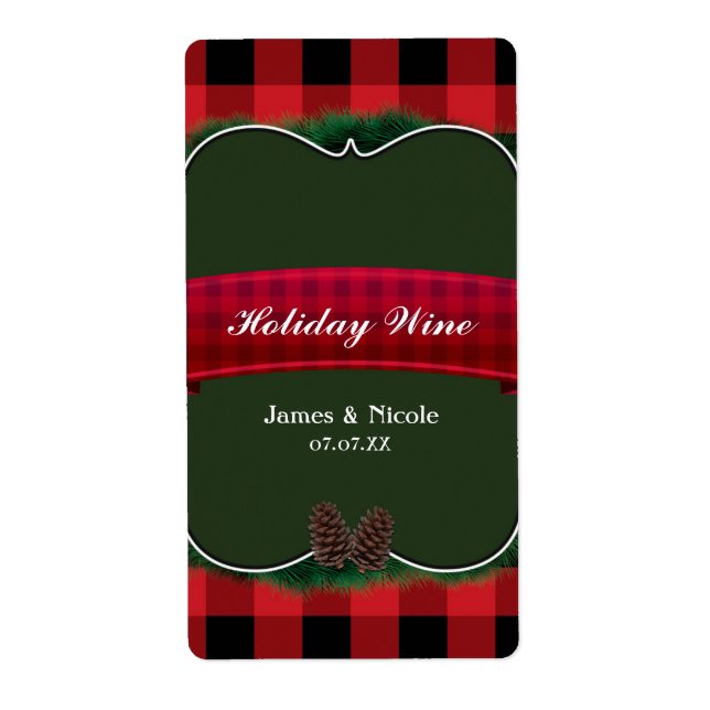Red Plaid Pinecones Rustic Country Wine Label (Front)