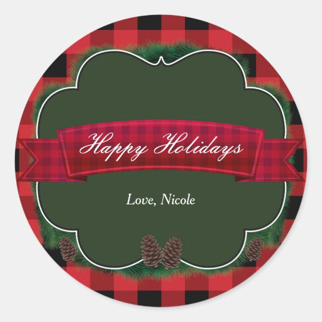 Red Plaid & Pinecones Rustic Holiday Favour Sticke Classic Round Sticker (Front)