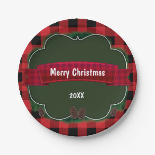 Red Plaid & Pinecones Rustic Holiday Party Plates