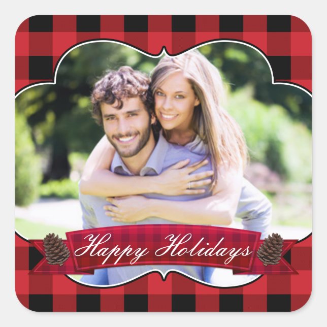 Red Plaid & Pinecones Rustic Holiday Photo Sticker (Front)