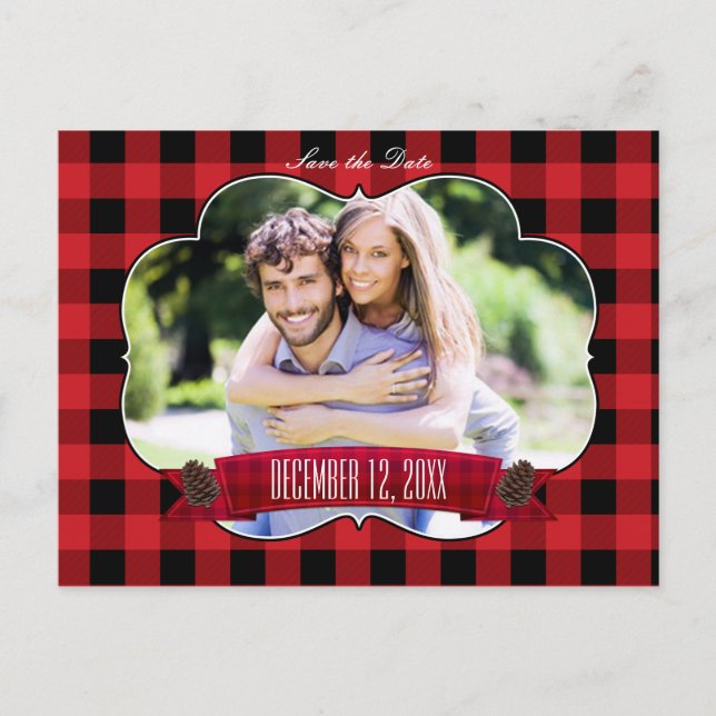 Red Plaid & Pinecones Rustic Photo Postcard (Front)