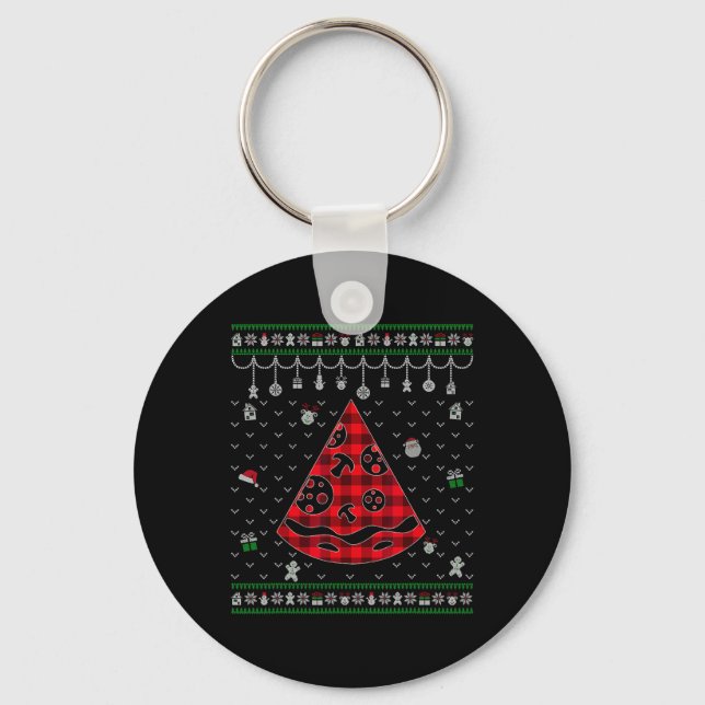 Red Plaid Pizza Lover Fun Ugly Christmas  Key Ring (Front)