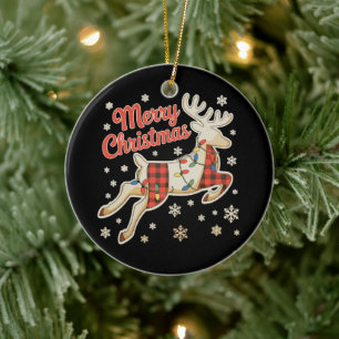 Red Plaid Reindeer Buffalo Merry Christmas Pajama Ceramic Tree Decoration