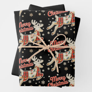 Red Plaid Reindeer Buffalo Merry Christmas Pajama Wrapping Paper Sheet