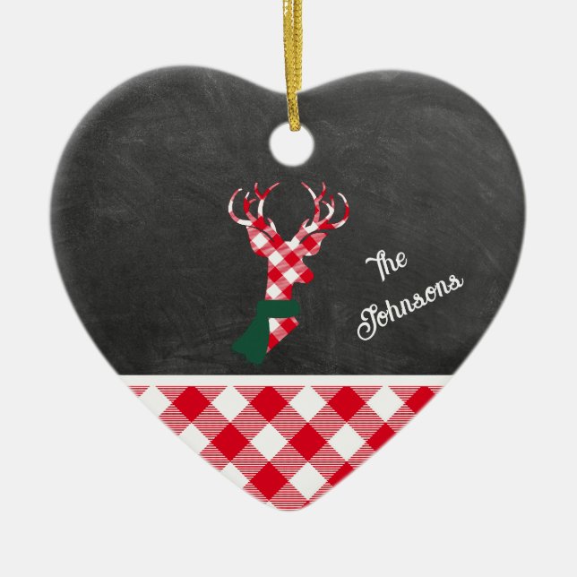 Red Plaid Reindeer Chalkboard Family Name Ceramic Tree Decoration (Front)