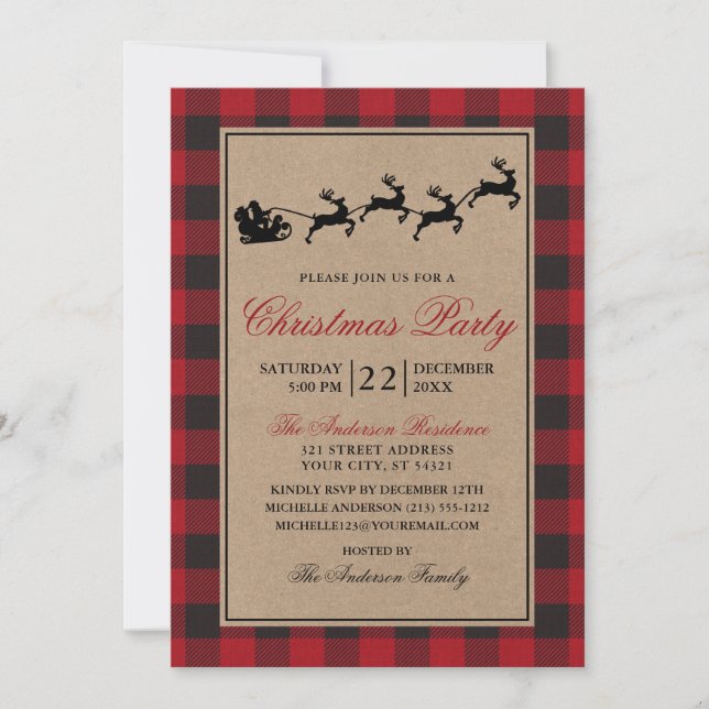Red Plaid Reindeer Christmas Party Kraft Invitation (Front)