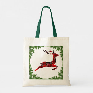 Red Plaid Reindeer Colorful Christmas Holiday Tote Bag