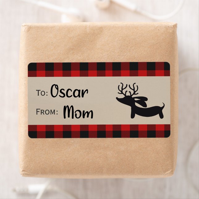Red Plaid Reindeer Dachshund Gift Tag Labels (Plaid dachshund Christmas gift sticky labels)