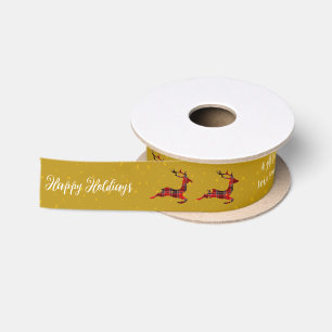 Red Plaid Reindeer Gold Satin Christmas Wrap Ribbon