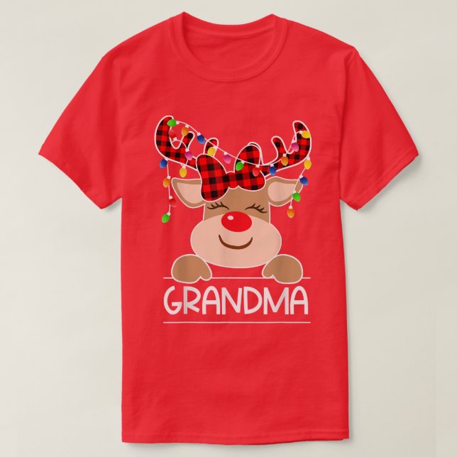 Red Plaid Reindeer Grandma Christmas Light Christm T-Shirt (Design Front)