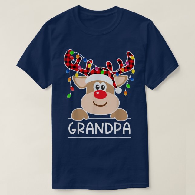 Red Plaid Reindeer Grandpa Christmas Light Christm T-Shirt (Design Front)