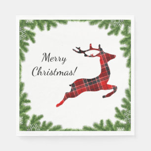 Red Plaid Reindeer Merry Christmas Holiday Napkin