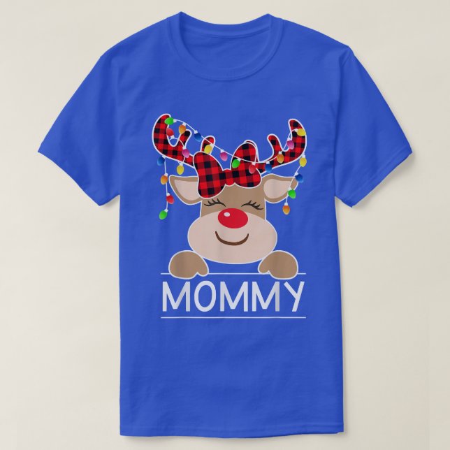 Red Plaid Reindeer Mummy Christmas Light Christmas T-Shirt (Design Front)