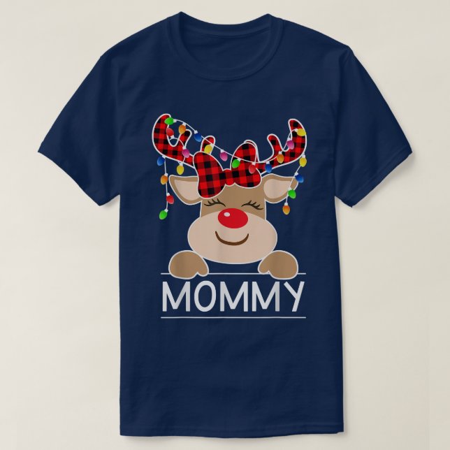 Red Plaid Reindeer Mummy Christmas Light Christmas T-Shirt (Design Front)