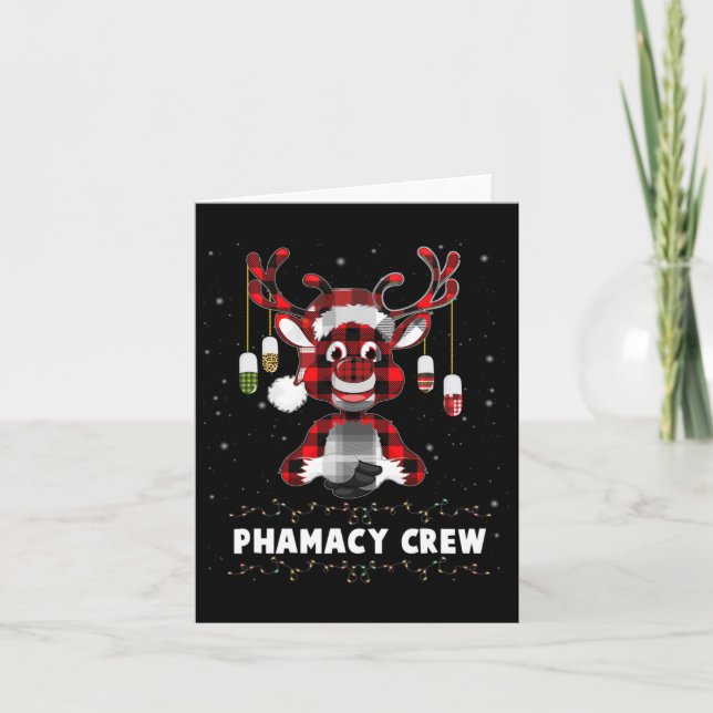 Red Plaid Reindeer Pharmacy Crew Christmas  Card (Front)