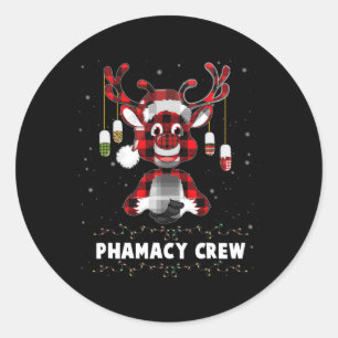 Red Plaid Reindeer Pharmacy Crew Christmas  Classic Round Sticker
