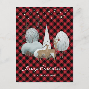 Red Plaid Reindeer Stars Christmas Holiday Postcard