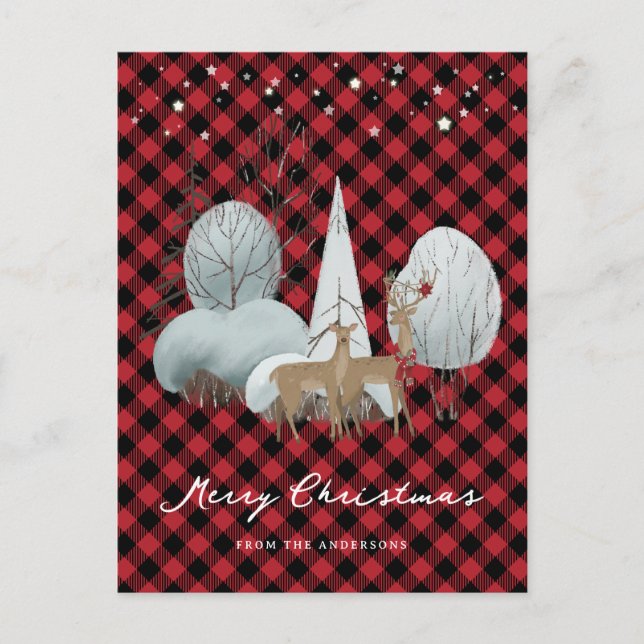 Red Plaid Reindeer Stars Christmas Holiday Postcard (Front)
