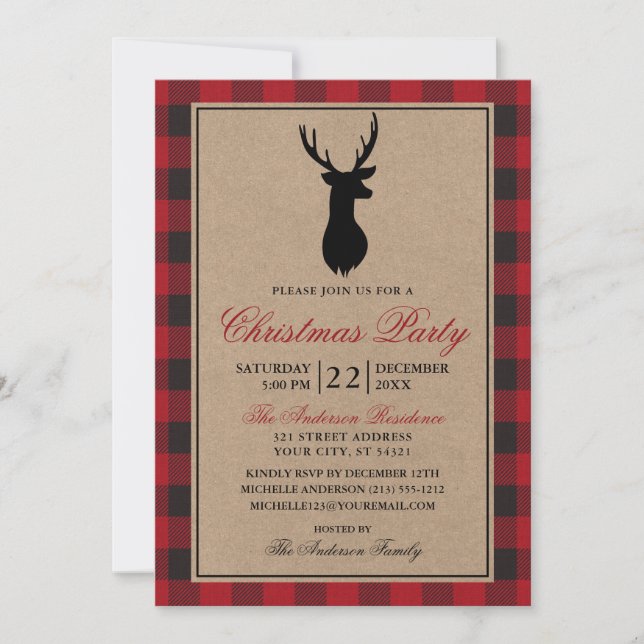 Red Plaid Rustic Christmas Party Kraft Invitation (Front)