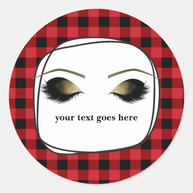 Red Plaid Rustic Glam Gold Makeup Eyelashes Favour Classic Round Sticker (Front)