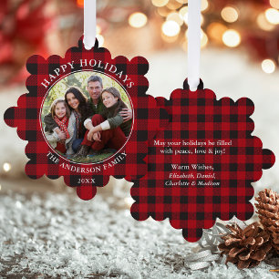 Red Plaid Rustic Happy Holidays Photo Tree Decoration Card