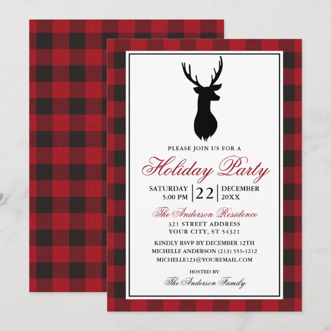 Red Plaid Rustic Holiday Party Invitation (Front/Back)