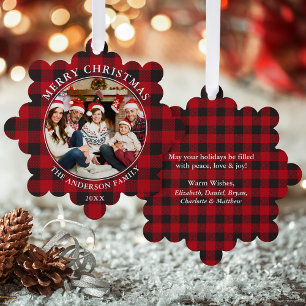 Red Plaid Rustic Merry Christmas Photo Tree Decoration Card