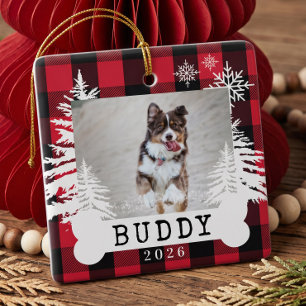 Red Plaid Rustic Pine Trees Dog Bone Pet Photo Ceramic Ornament