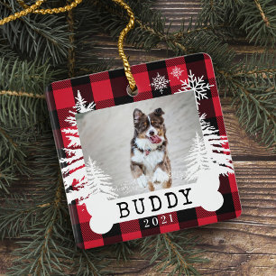 Red Plaid Rustic Pine Trees Dog Bone Pet Photo Ceramic Ornament