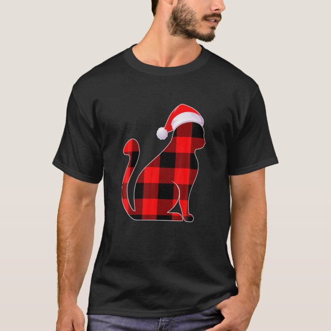 Red Plaid Santa Christmas Cat Kitten Lover Cat Dad T-Shirt (Front)