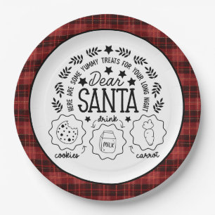 Red Plaid Santa Milk and Cookies Paper Plate