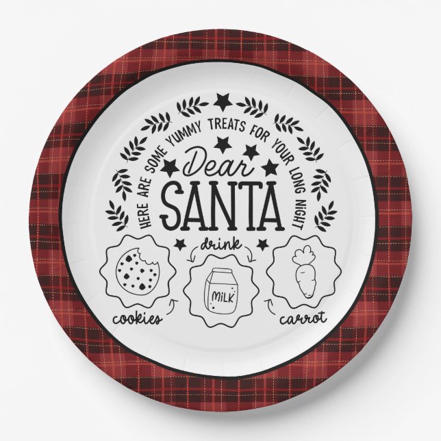Red Plaid Santa Milk and Cookies Paper Plate (Front)