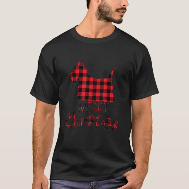 Red Plaid Scottie Dog Lover Christmas Matching Fam T-Shirt (Front)