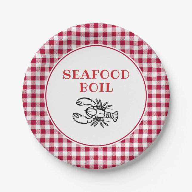 Red Plaid Seafood Boil Party Paper Plate (Front)