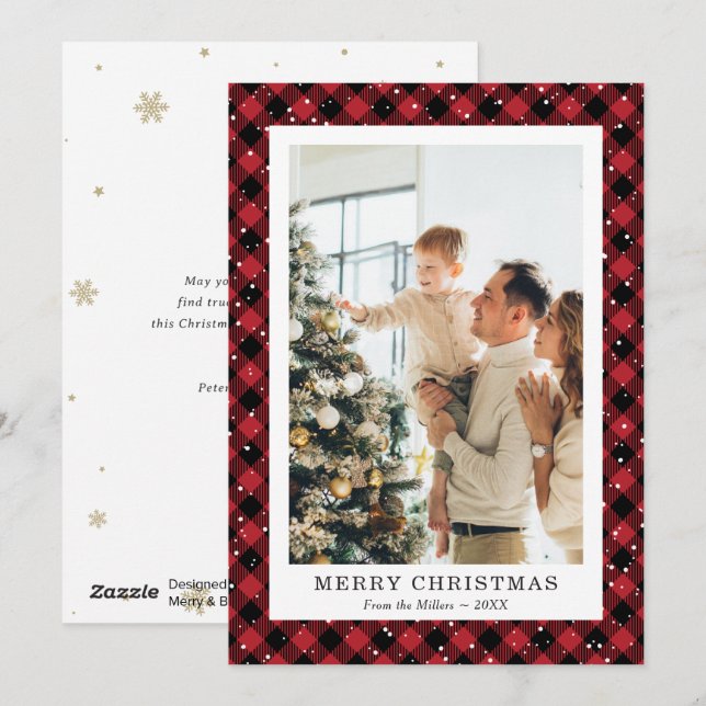 Red Plaid Snow Photo Merry Christmas Card (Front/Back)